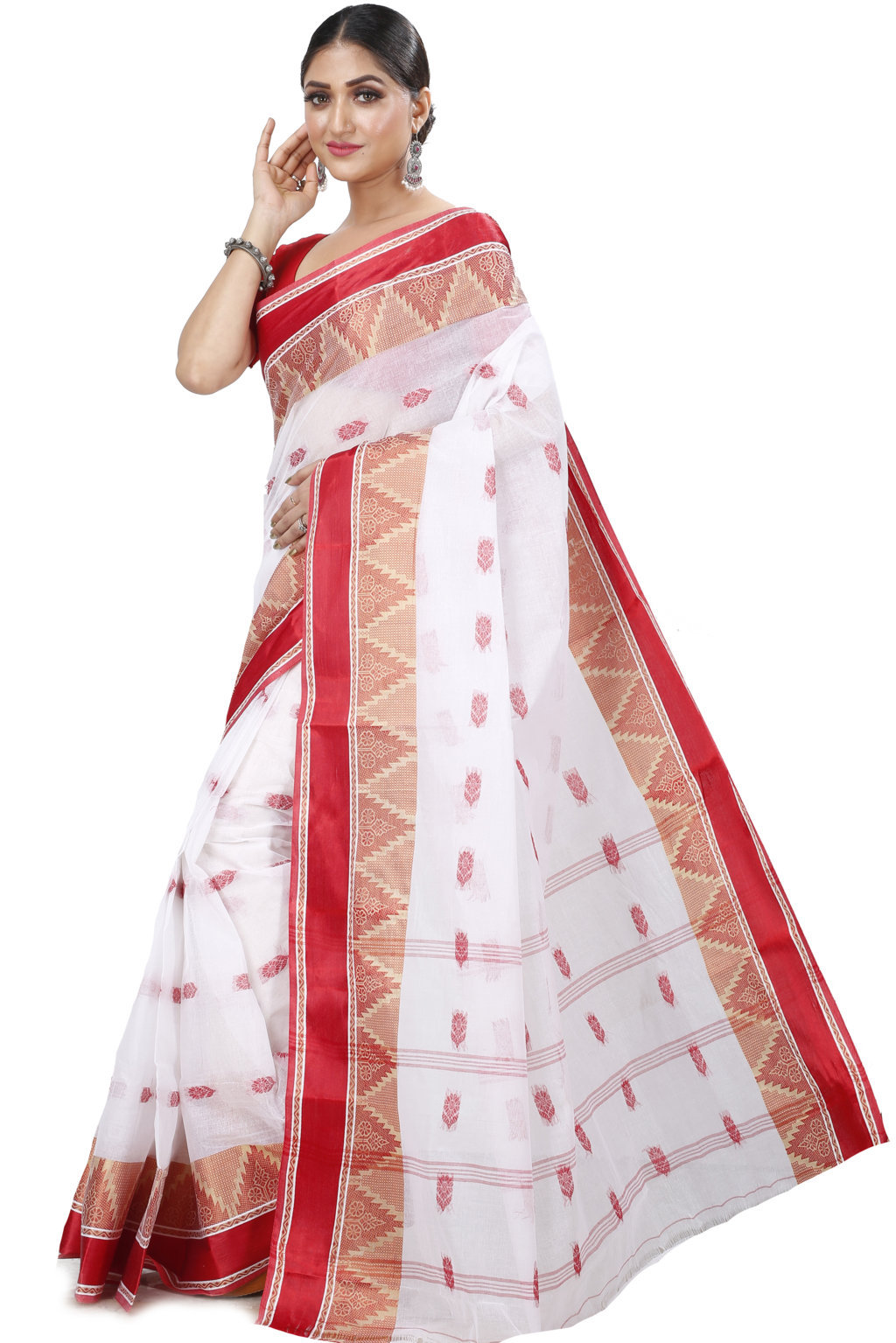 White Red Pure Cotton Sadasob Tant Saree (1028)